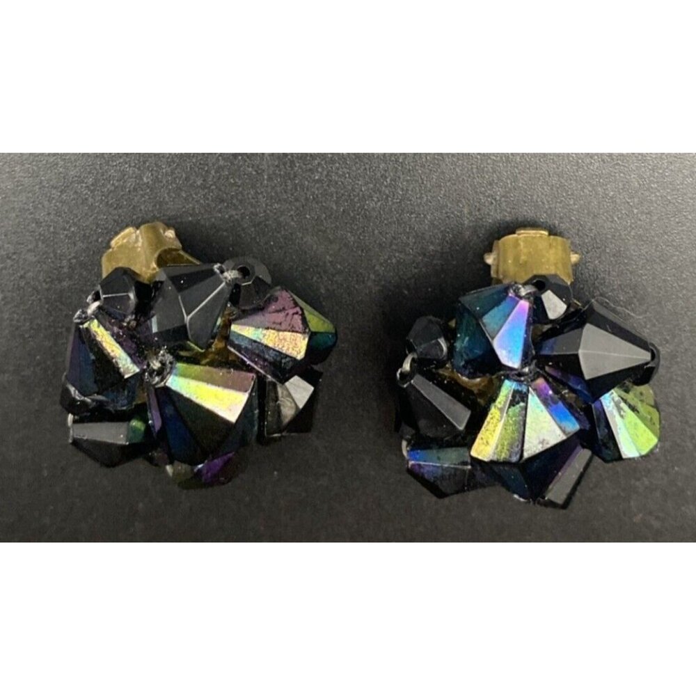 Vintage Clip on Earrings Black Glass Oil Slick West German Beads Peacock Retro - Picture 4 of 10